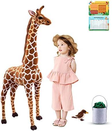 BRINJOY Giant Stuffed Giraffe Animal Set, 47 Inch Large Giraffe Plush Toy for Kids with Bird & Basket & Leaves & Card, Toddler Lifelike Standing Toys Stuffed Animal Gift for Girls Boys