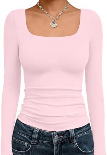 Trendy Queen Womens Square Neck Long Sleeve Double Lined Slim Fit Tops, Medium