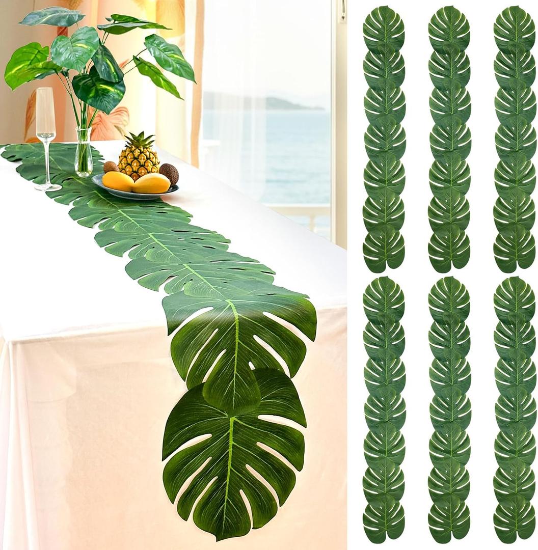 AerWo Pack of 6 Artificial Palm Leaves Green Table Runner, Summer Tropical Leaf Table Runners 72 inches Long for Wedding Moana Jungle Safari Tropical Hawaiian Luau Party Decorations