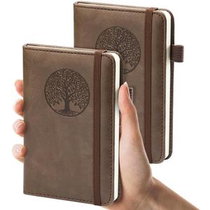 Small Pocket Notebook, Leather Journal Mini (Wood) - 2 Pack 3.7" x 5.7" Notepad Notebooks for Work, School & Travel