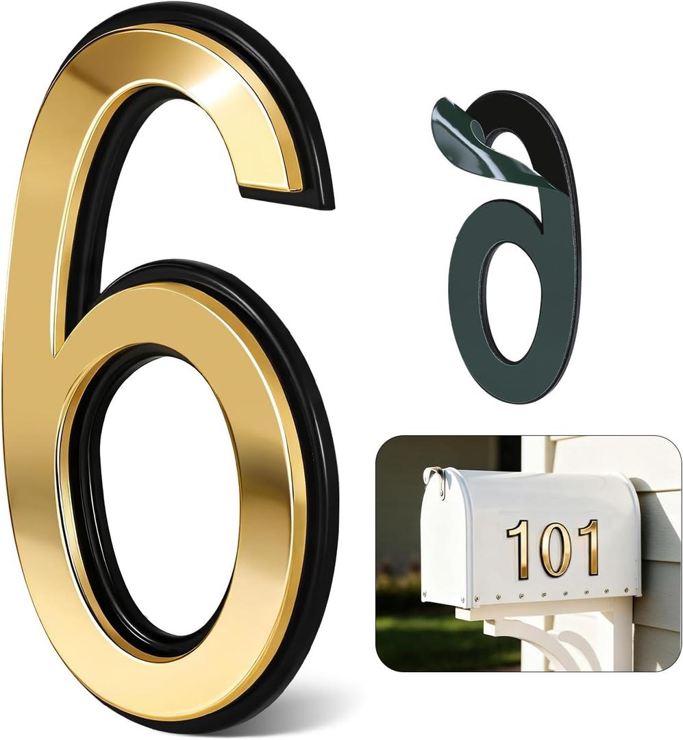 4 Inch Gold House Numbers for Outside, VONDERSO Self-Adhesive Mailbox Numbers with Exclusive Electroplated Finish and Durable ABS Base, for House Plaques, Mailbox, Yard, Garage Plaque Number 6