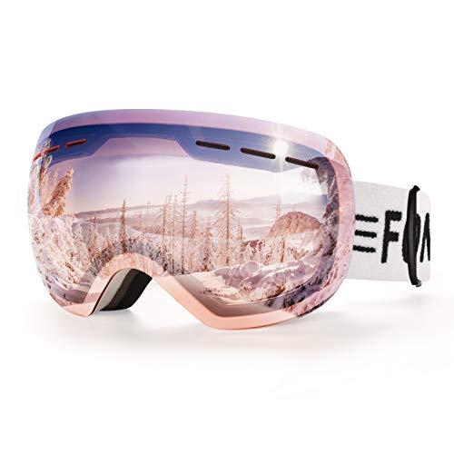 FONHCOO Ski Goggles for Men Women, Anti-Fog OTG Snow Snowboard Glasses with Detachable Lens for Skiing Skating, UV Protection Anti-Glare Pink