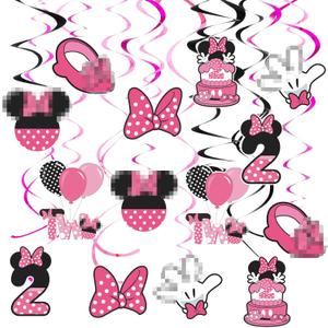 Pink 2nd Birthday Hanging Swirl Decorations,Mouse Birthday Party Ceiling Streamers,Pink Mouse Theme Party Supplies,Party Favors for Girls Kids(38 Pcs)