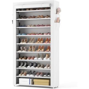 ROJASOP Shoe Rack with Covers 10 Tier Large Shoe Organizer Tall Shoe Closet Storage for 50-55 Pairs Shoe and Boot, Free Standing Shoe Rack Organizer for Closet, Entryway, Bedroom, White