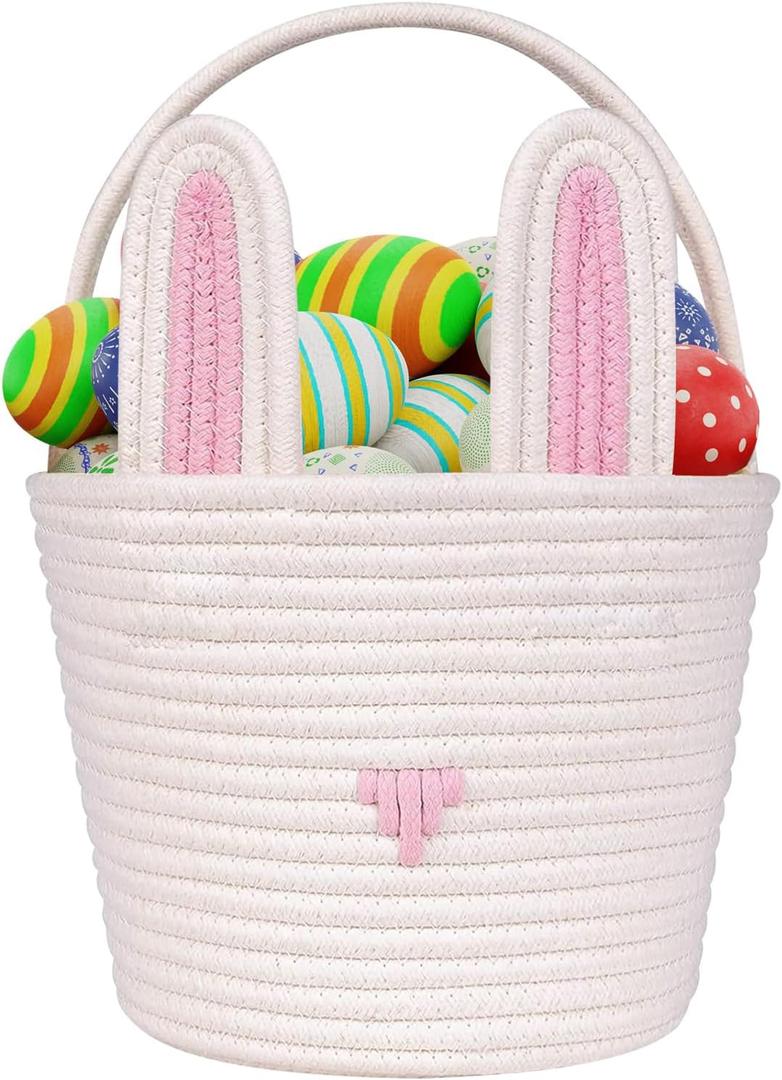 Easter Basket for kids Empty Bunny Egg Baskets With Handle And Ears Easter Gifts Cute Woven Basket (pink)