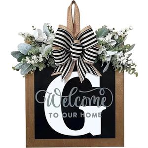 Last Name All Year Round Front Door Wreath with 26 Initial Letter Welcome Sign All Seasons Eucalyptus Garland and Bow Farmhouse, Porch, for Spring Summer Fall All Seasons Holiday Halloween Christmas.G