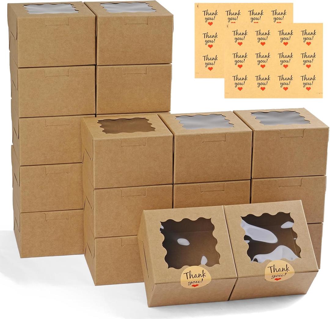 WINKIO 24pcs Brown Cookie Boxes, 4x4x2.5 Inches Bakery Boxes with Window, for Mini Cake Treat Dessert Pastry Donuts Macaroon Strawberries Chocolate Candy (with Stickers)