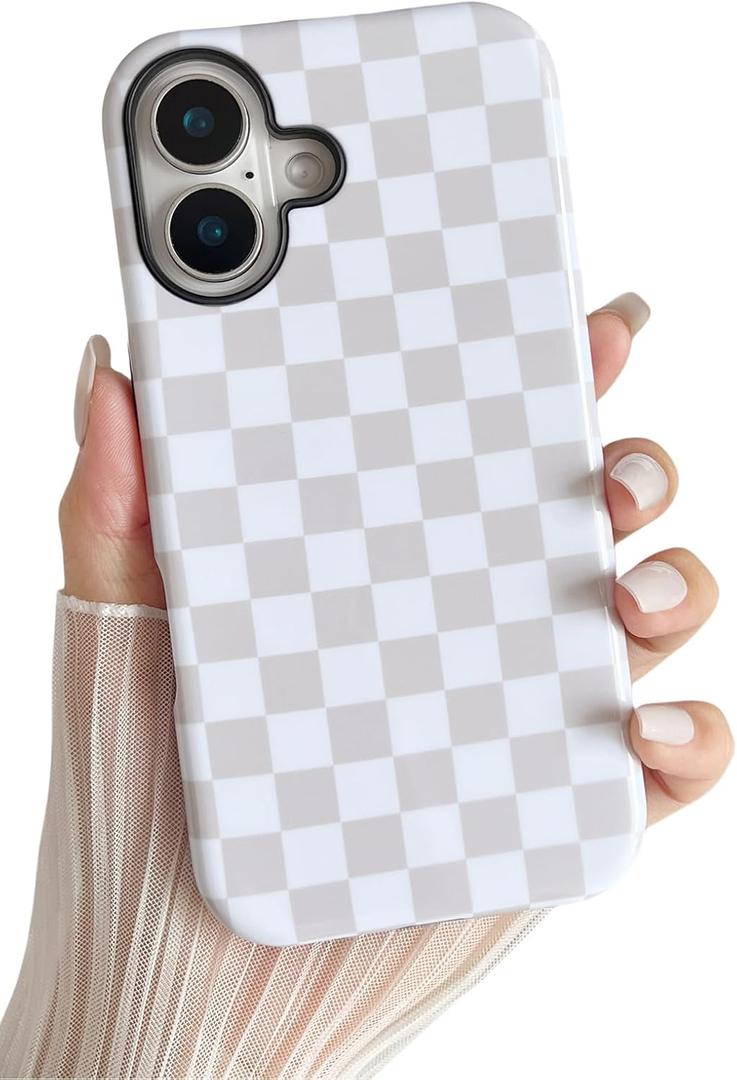 Longlayss Compatible with iPhone 16 Plus Case Cute Aesthetic Checkerboard Checkered Phone Case for Women Girl Shockproof Slim TPU and Hard PC Protective Cover (Antique White)