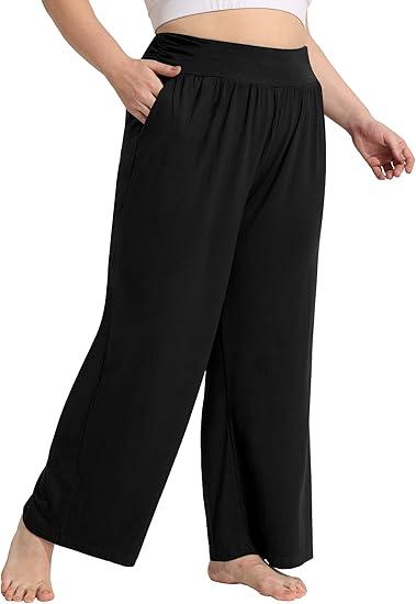 FOREYOND Plus Size Wide Leg Pants for Women Flowy Yoga Lounge Sweatpants Casual High Waisted Pajama Bottoms with Pockets, XXL Plus