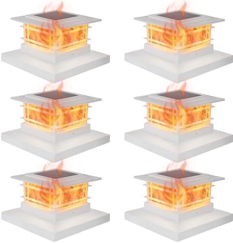 Dynaming 6 Pack Solar Post Cap Lights Outdoor with Flickering Flame Light, White Shell Fence Post Solar Lights Fit 4x4 5x5 Vinyl/Wooden Posts, Brightness LED Lighting Decor for Garden Deck Patio,White, Flickering Flame, 6 Pack