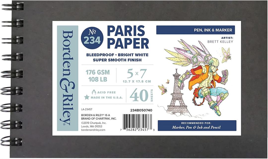 Borden & Riley 5" x 7" #234 Paris Paper for Pens Hardcover Sketch Book, Side Spiral, 108 lb., 40 Micro-Perfed White Sheets, 1 Book Each