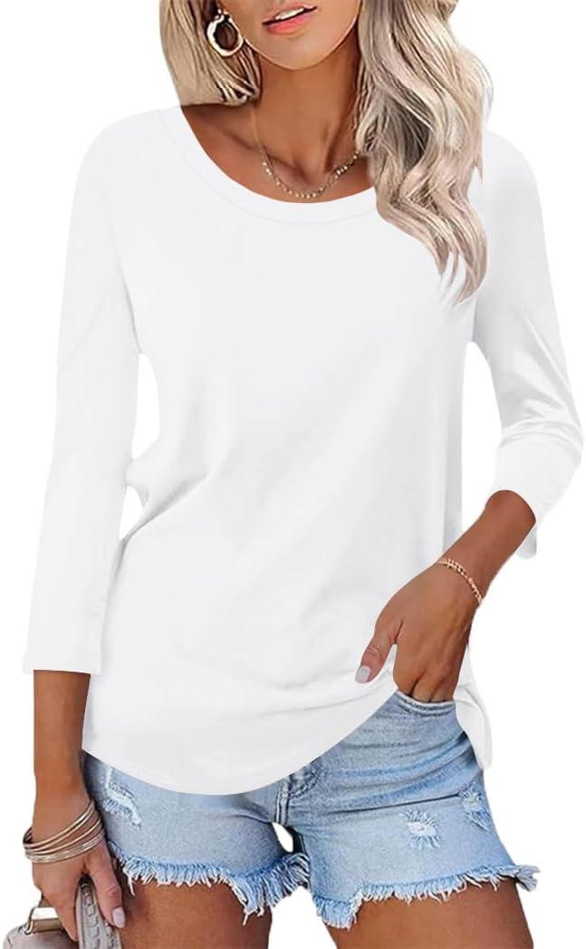 Poetsky Women's V Neck 3/4 Sleeve T Shirt Casual Loose Basic Tops Summer Tee Blouses (White, S)