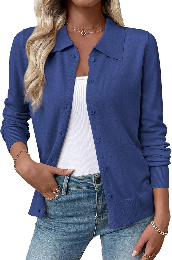 EVALESS Cardigan Sweaters for Women Lightweight Trendy Long Sleeve Lapel Collar Button Down Sweaters Fall Fashion 2026 Wool Blend Knit Cardigans Sweater Tops Dirty, Blue, X-Large