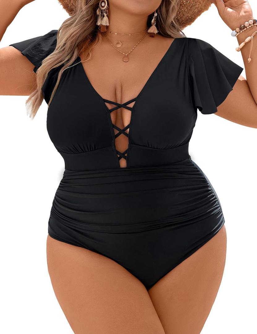 Blooming Jelly Women's Plus Size One Piece Swimsuit Tummy Control Bathing Suit Crisscross V Neck Sexy Swimwear (4X-Large, Black)