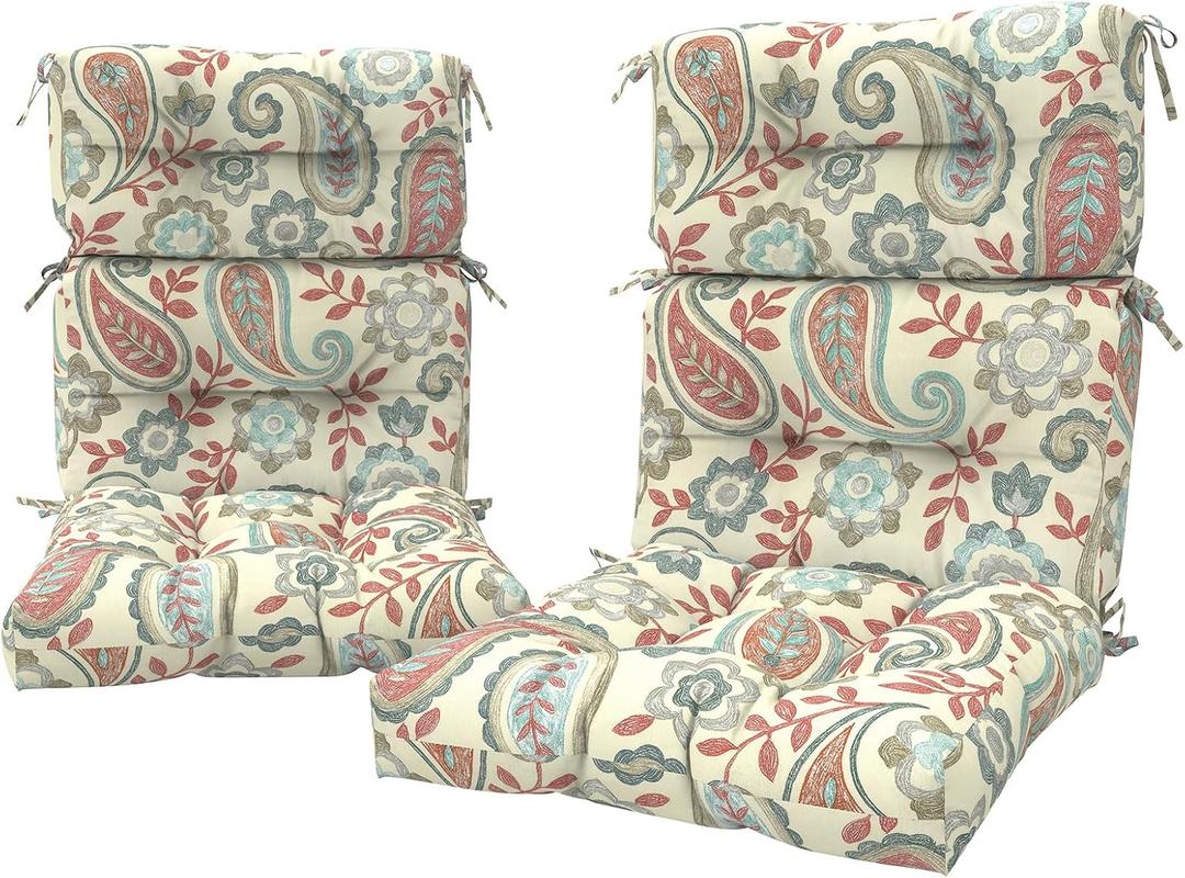 LVTXIII 2 Pack Outdoor High Back Cushions, 22" W x 20" D Tufted Seat and Back Chair Cushion with Ties, Fluffy Patio Replacement Rocking Chair Cushion for Outdoor Furniture Use, Paisley Vintage, 44"x22"x4"