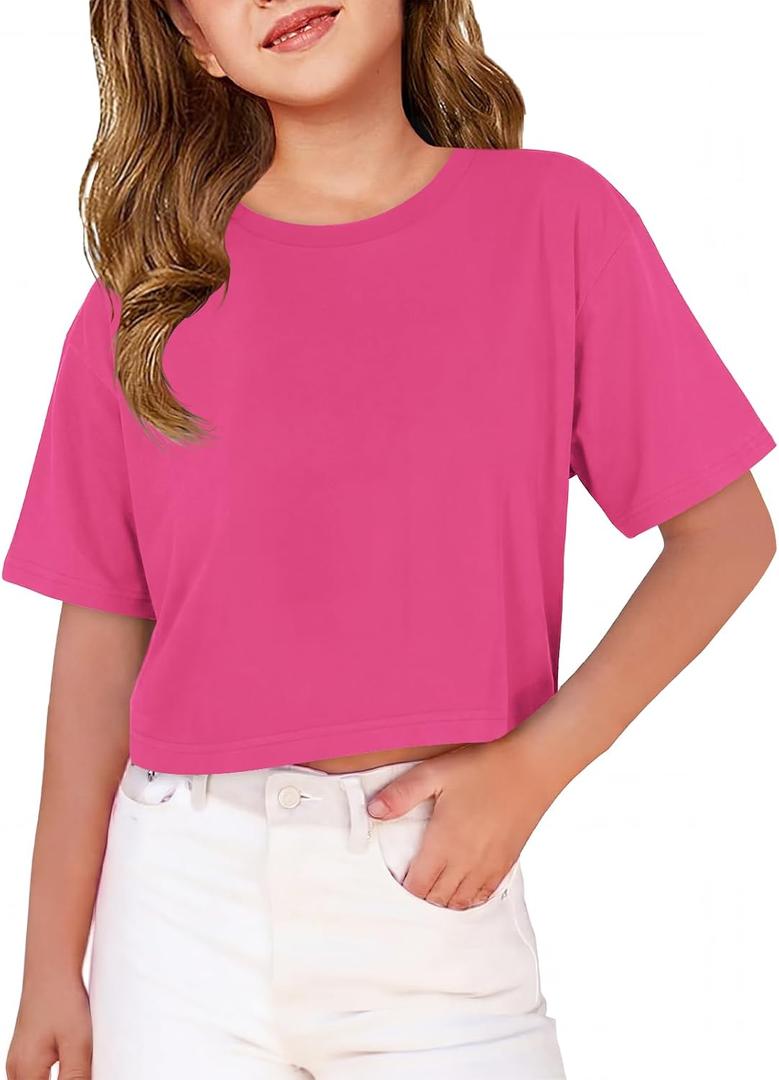 ZDC Girls T Shirts Short Half Sleeve Crew Neck Drop Shoulder Loose Fit Summer Crop Tops 5-14 Years (Pink)
