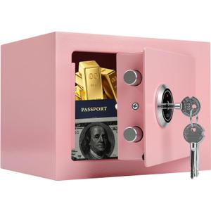 Small Safe Box for Home,Wall Safes 0.23 Cubic Feet, Heavy Duty Steel Safety Lock Box with 3 Keys for Money, Passort, Jewelry 9.06"x 6.69"x 6.69" Pink