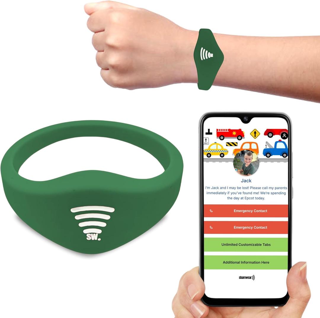 Smart Bands for Kids if Lost, Child Safety ID Wristband, NFC Bracelet for Children, Smart Medical ID Band, Lost Kids, Disney Essentials, Child ID Bracelet for Disney (Green)