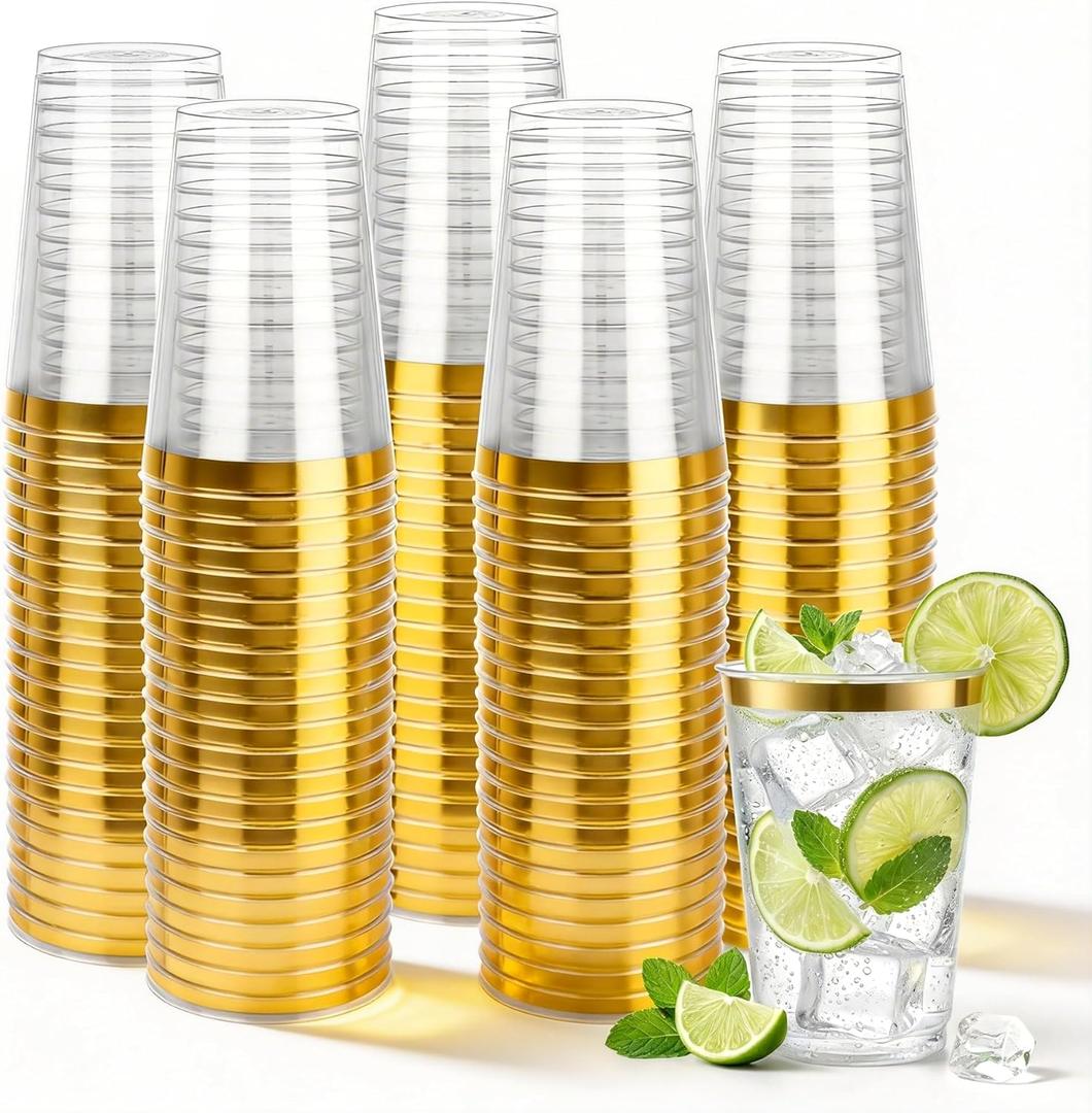 200 Pack Gold Plastic Cups, 12 Oz Clear Disposable Cups with Gold Rim, Heavy Duty Cups for Party, Wedding and Daily Use