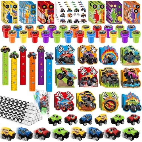 BenLouis 96Pcs Monster Truck Party Favors Truck Car Birthday Stampers Stickers School Stationery Set Bulk for Kids wheels party Race Car Themed Party Goodie Bag Stuffers Pinata Filler Supplies