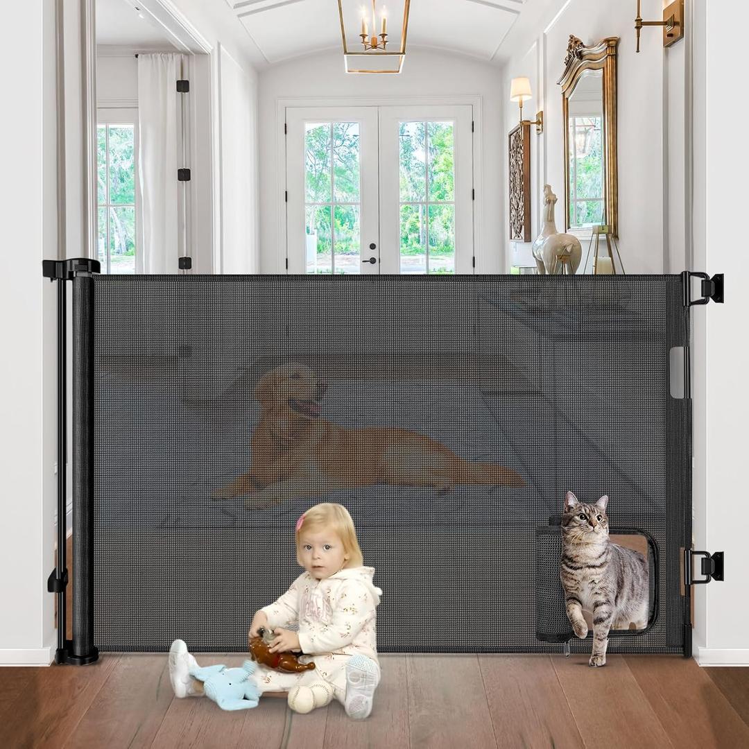 Retractable Baby Gates with Cat Door 80" Wide Retractable Dog Gate with Pet Door Outdoor Retractable Gate for Dogs Retractable Pet Gate with Door Mesh Baby Gate Retractable Mesh Dog Gate (Black)