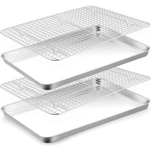 TeamFar Cookies Sheet with Rack, 16 x 12 x 1 Inch Stainless Steel Baking Sheet Tray Pans with Grid Wire Racks for Cooling Baking Roasting, Non-Toxic & Heavy Duty, Dishwasher Safe, 2 Pans + Racks