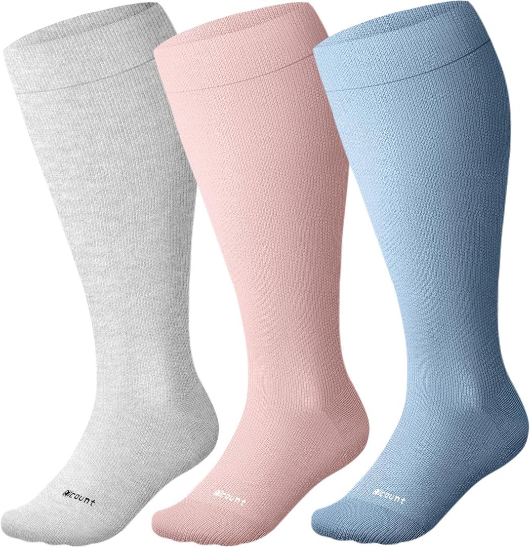 Cotton Plus Size Compression Socks for Women&Men Wide Calf 15-20 mmHg Knee High Soft Sock for Nurses, Pregnancy (X-Large, 3 Pairs)