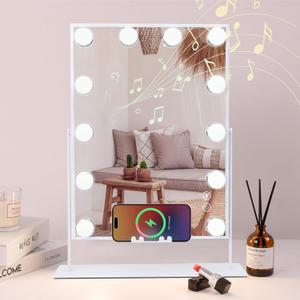 COOLJEEN Vanity Mirror with Lights and Bluetooth, Wireless Charging Lighted Vanity Mirror with Phone Holder, 12-Bulb 3 Color Lighting Tabletop Lighted Makeup Mirror, 360Rotation