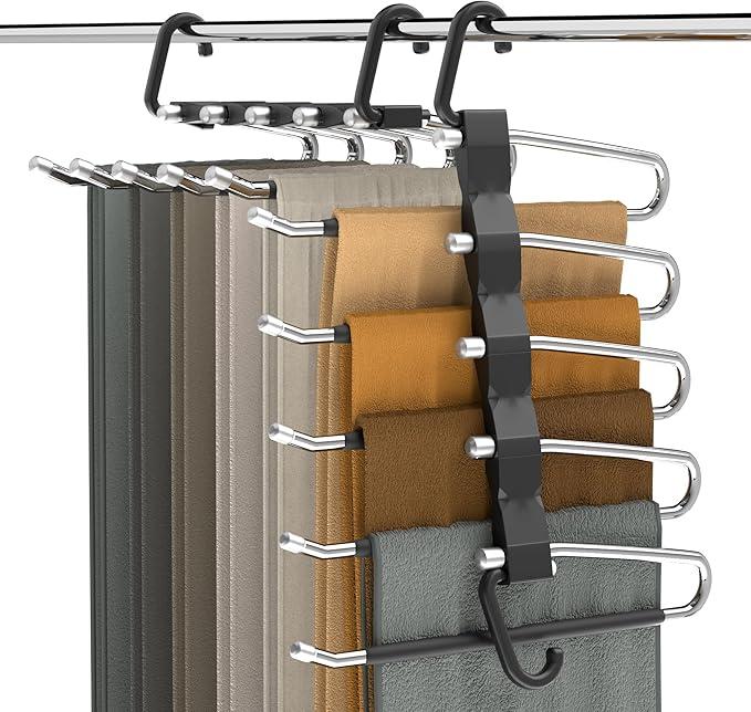 Pants Hangers Space Saving,Closet Hangers 5 Layers 2 Uses Multi Functional Pants Rack,Metal Heavy Duty Wardrobe Organizer Racks for Clothes Trousers Scarves Ties (2Pack Silver)