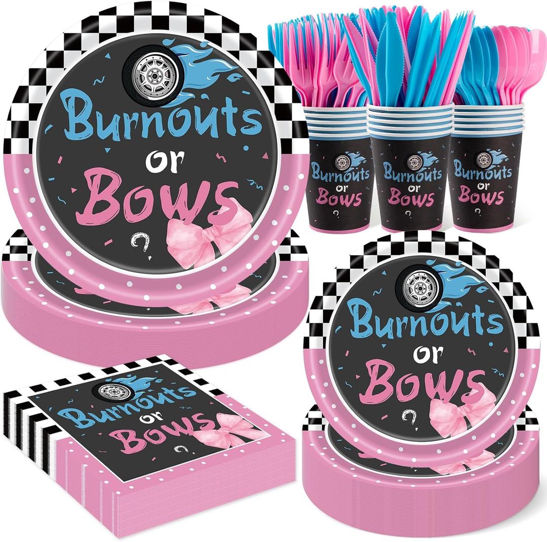 350 PCS Burnouts or Bows Gender Reveal Decorations for 50 Guests，Boy or Girl Gender Reveal Party Supplies Inclide Plates and Napkins,Cups Disposable Cutlery