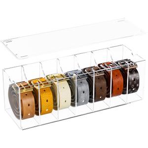 Acrylic Belt Organizer, Clear 7 Compartments with Dust Cover, Belt Storage Holder for Closet, Tie & Bow Tie Display