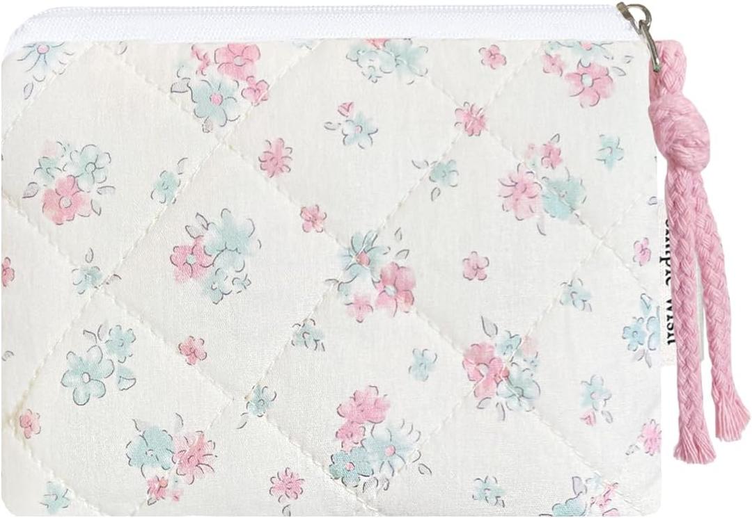 Cotton Quilted Floral Coin Purse Digital Camera Pouch with Cute Prints Zipper for Women Girls (BLUE PINK)