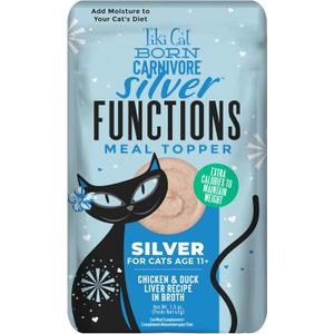Tiki Cat Born Carnivore Functions Silver, Chicken & Duck Liver Recipe in Broth, High Protein Formulated for Senior Cat Diets, Mousse Cat Food Topper for Older Cats 11+, 1.5 oz. Pouch (12 Count)