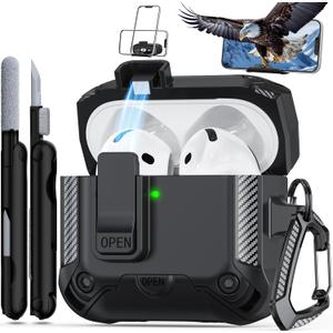RFUNGUANGO for AirPods 4th Generation Case, Compatible with AirPods 4th Generation Case (2024), Military-Grade Drop Protection, Comes with Cleaning Kit, Comes with Phone Holder Function -Black