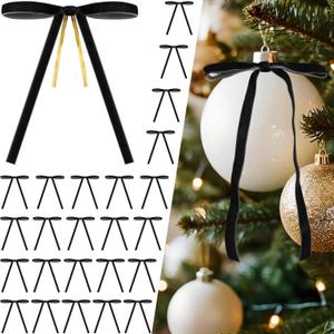 2 x 24 Pcs Black Velvet Bows for Christmas Tree Decor, Elegant Velvet Pre-Tied Ribbon Bows Door Garland Vintage Ornaments for Christmas, Wreaths, Gifts and Home Decoration (5x7 Inch, 3/8'' Wide)