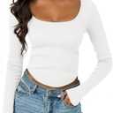 Tankaneo Womens Long Sleeve Shirts Ribbed Knit Fitted Crop Tops Going Out Square Neck Spring Fall Trendy Casual Basic Tees (White, XL)