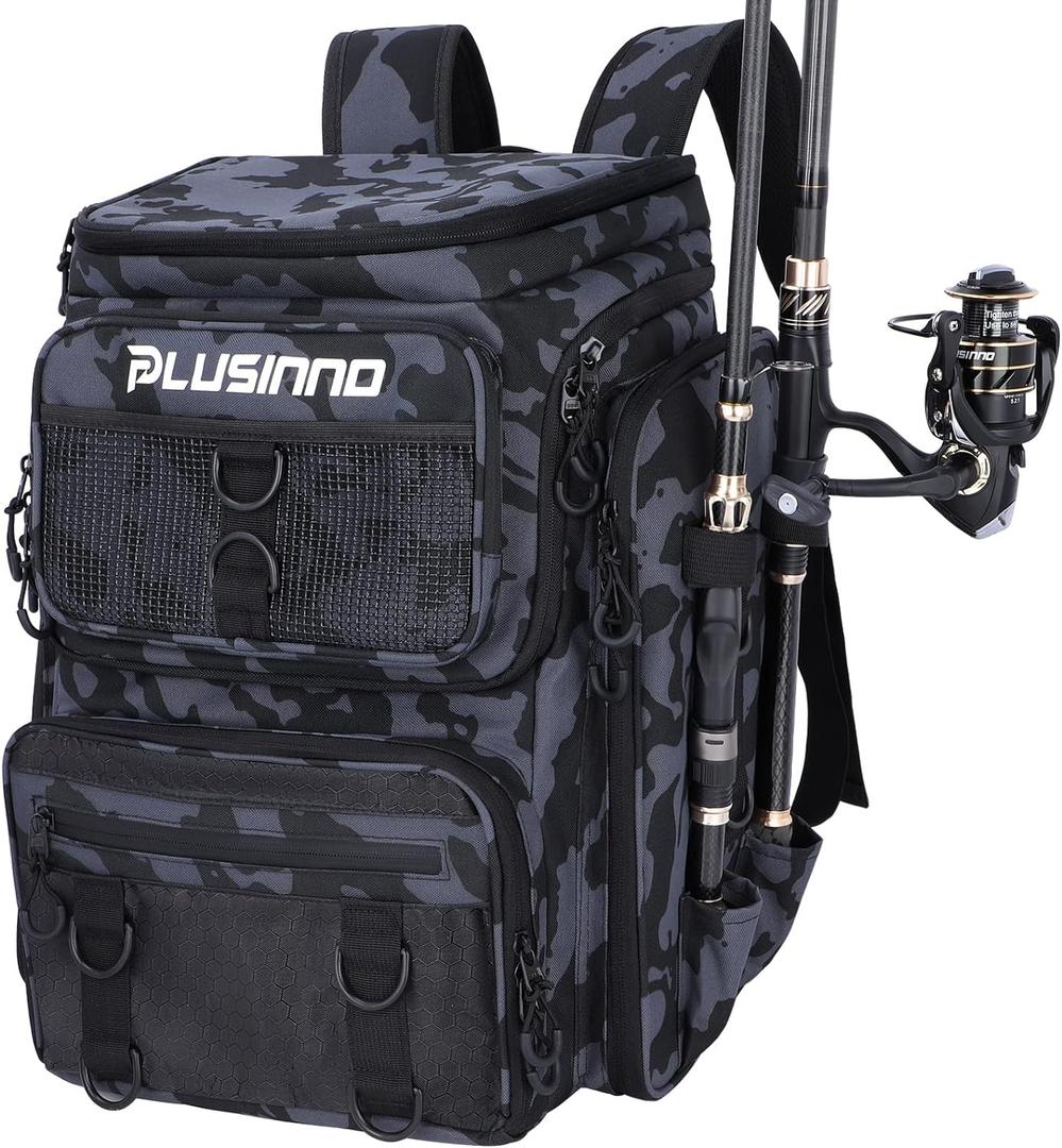 PLUSINNO Fishing Backpack with Rod Holders Tackle Box, 42L Large Water-resistant Fishing Tackle Bag Store Fishing Gear (Black Camouflage.)