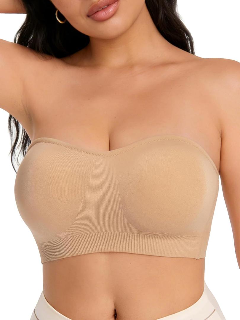 BINACL Women's Bandeau Bralette, Summer Strapless Padded Wireless Supportive Seamless Tube Top Bra 1/2 Packs (Beige, XXL)