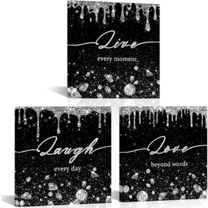 Conipit Black And White Glam Glitter Canvas Wall Art Laugh Live Love Inspirational Pictures 3 Pcs Framed Fashion Art Modern Artwork For Bathroom Bedroom Wall Decor12''x12''x3pcs