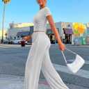 Trendy Queen 2 Piece Matching Summer Lounge Set Womens Side Ruching Top Wide Leg Pants Sets with Pockets (Gray, L)