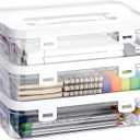 BTSKY 3 Pack Clear Plastic Storage Box with Handle & Flap Lid, Portable Craft Organizers and Storage Box Art Supply Storage Organizer Multipurpose Plastic Sewing Box for Beads Pencils Sticky Notes