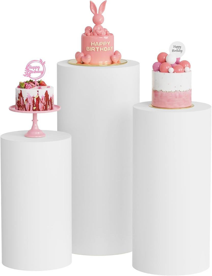 Putros Cylinder Pedestal Covers White 3Pcs Spandex Cylinder Plinth Stand Cover for Party Wedding Props Event Decor (Set of 3)