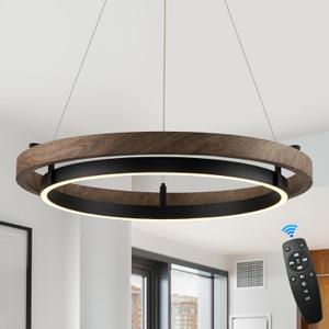 LED Ring Chandelier Modern Round LED Pendant Light 24in Walnut Wood & Black Chandelier Dimmable Ceiling Pendant Light Fixtrure for Dining Room Entry Kitchen Island Bedroom Living Room