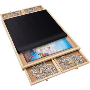 1500 Pieces Wooden Jigsaw Puzzle Board with 4 Drawers for Storing Puzzles, 26 x 35 Large Portable Jigsaw Puzzle Table with Puzzle Cover, Non-Slip Plateau Work Surface for Adults and Kids (Beige)