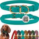 BronzeDog Rolled Leather Dog Collar with QR ID Tag, Adjustable Soft Round Collars for Small Medium Large Dogs Puppy (11" - 14 1/2" Neck Size, Turquoise)