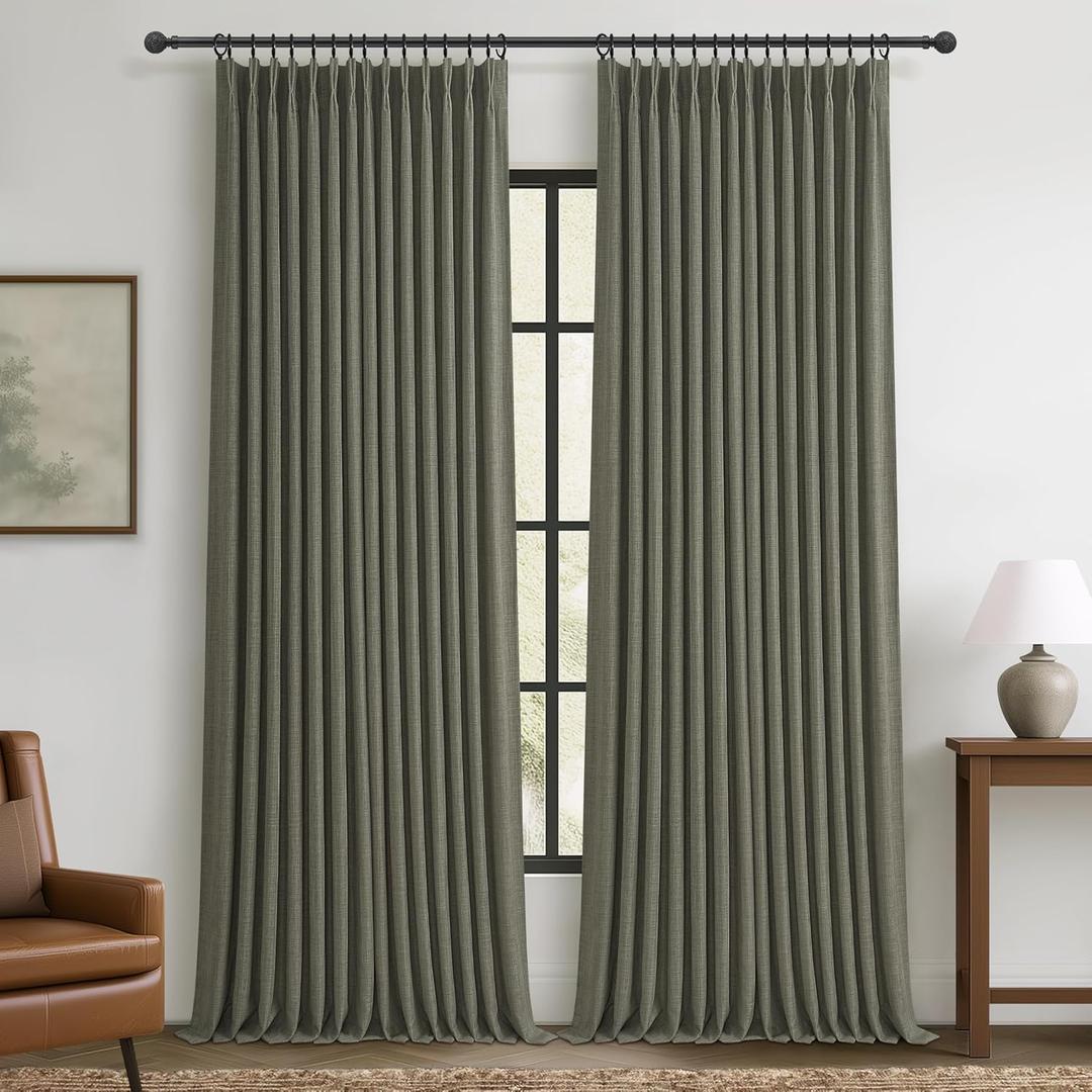 Lichen Grey Pinch Pleated 102 Inch Long Curtains 2 Panels Set for Dining Room, Farmhouse Full Black Out Thick Linen Two Layer Viral Curtain Thermal Energy Efficient Greenish Gray Window Drape 8-1/2 FT
