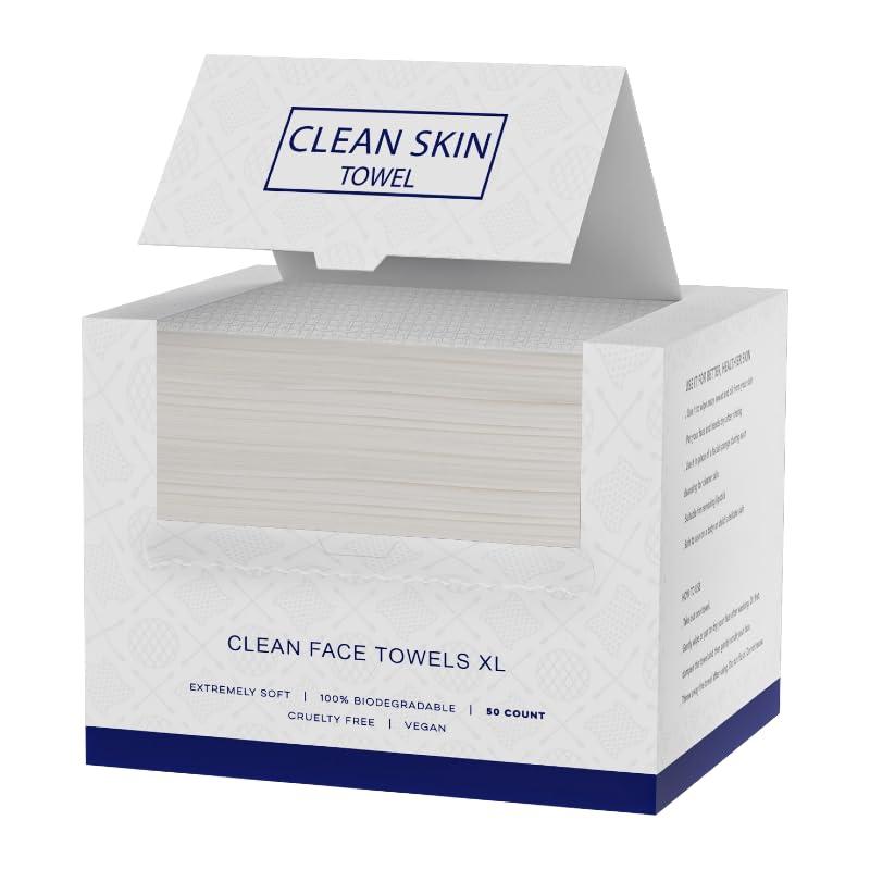 Clean Skin Face Towels XL,Disposable Face Towelettes (50 Count) Plant Based Cleansing Towelettes for skin care,Makeup Removal,Unscented Facial Cloths, Soft and Gentle,100% viscose fiber