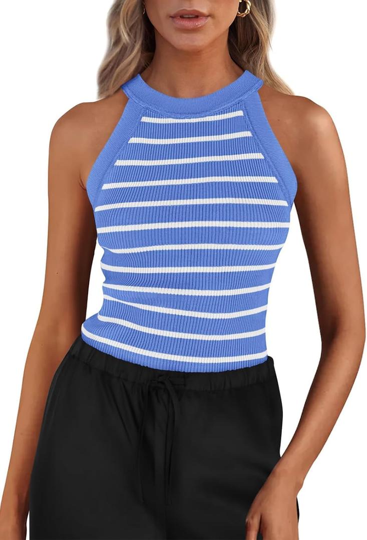 PRETTYGARDEN Womens Tops Dressy Casual Halter Neck Going Out Tank Tops for Women 2025 Slim Fit Ribbed Striped Summer Tanks (Blue, XXL)