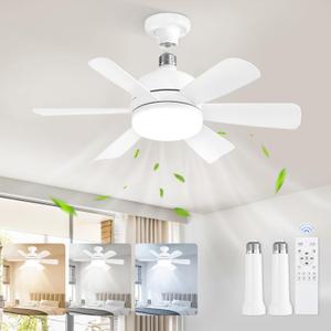 1 Pack 17.9 Inch Socket Fan Light with Remote, Dimmable 3 Colors 6 Speed 1100 Lumens Light Bulb Screw in Ceiling Fan with Lights, Light Socket Ceiling Fan for Bedroom -White