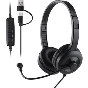 doudou USB Computer Headset with Noise Cancelling Mic for PC, Cell Phone, Office, Online Class, Zoom & Skype Calls, USB/Type-c, Lightweight Comfortable Headset with Volume Control, Black